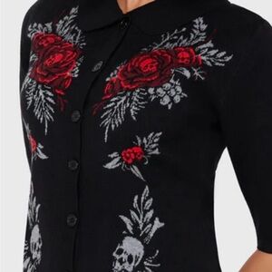 Black Cardigan with Red Floral and Skull Design